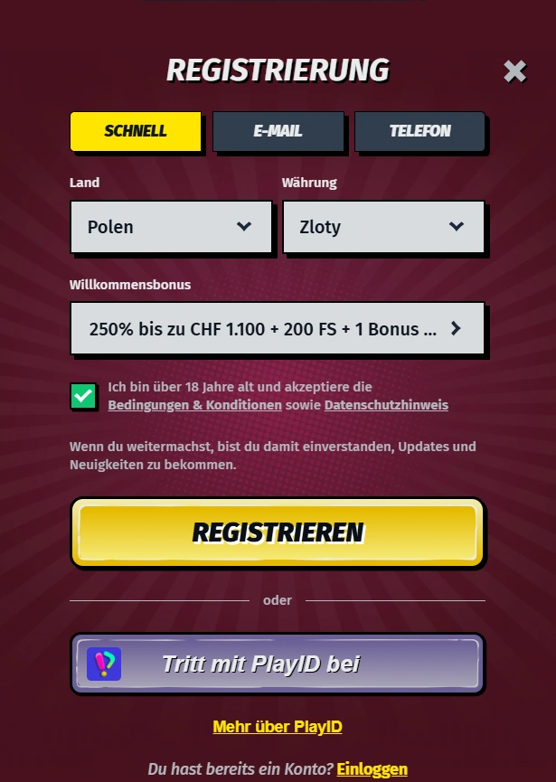 Allyspin Casino Registrierungsbereich
